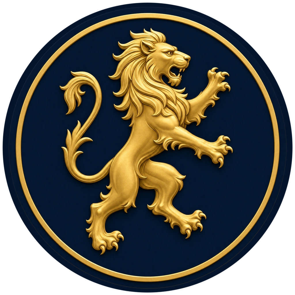 The Leal Systems crest: a gold rampant lion inside a thin gold ring on a deep navy field