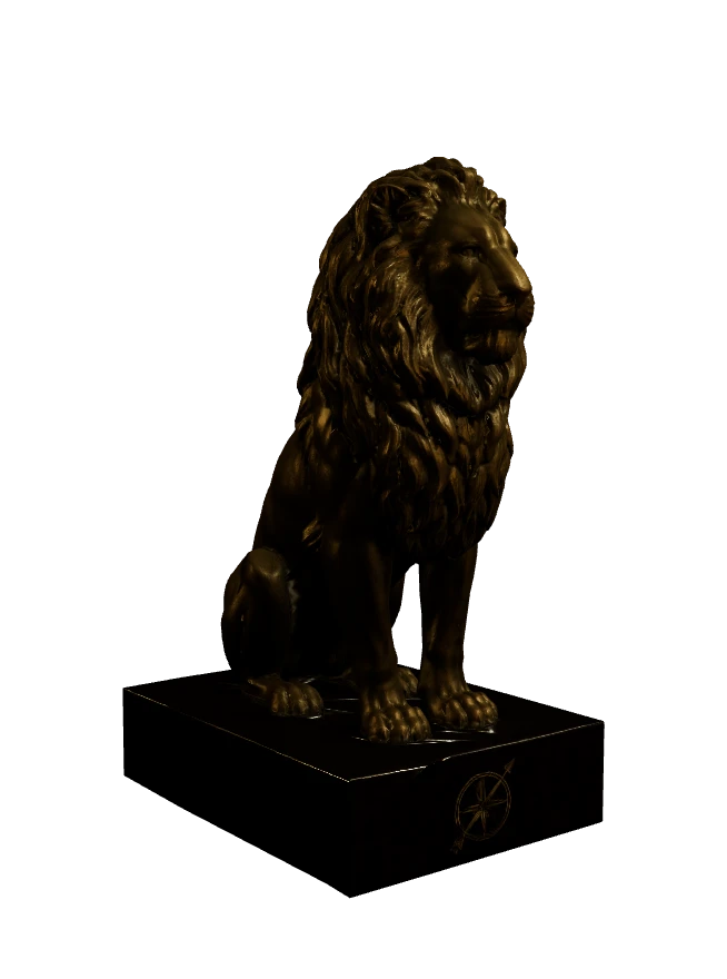 Gold lion sentinel statue standing watch at the Leal Systems highway gate